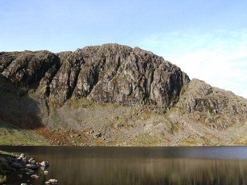 Pavey Ark from Stickle Tarn. Jack's Rake runs up the cliff from bottom right to top left.