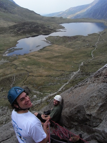 At the second belay of Charity with Llyn Idwal in the background.